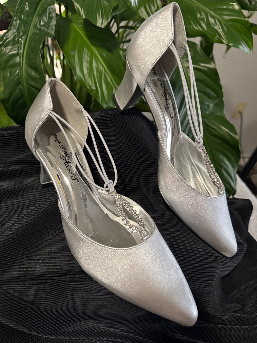 easy street Silver T-Strap Pointed Mid-Heel Pumps